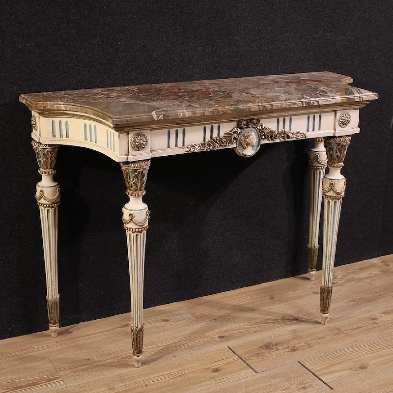 Console italiana laccata in stile Luigi XVI con piano in marmo, '900 1