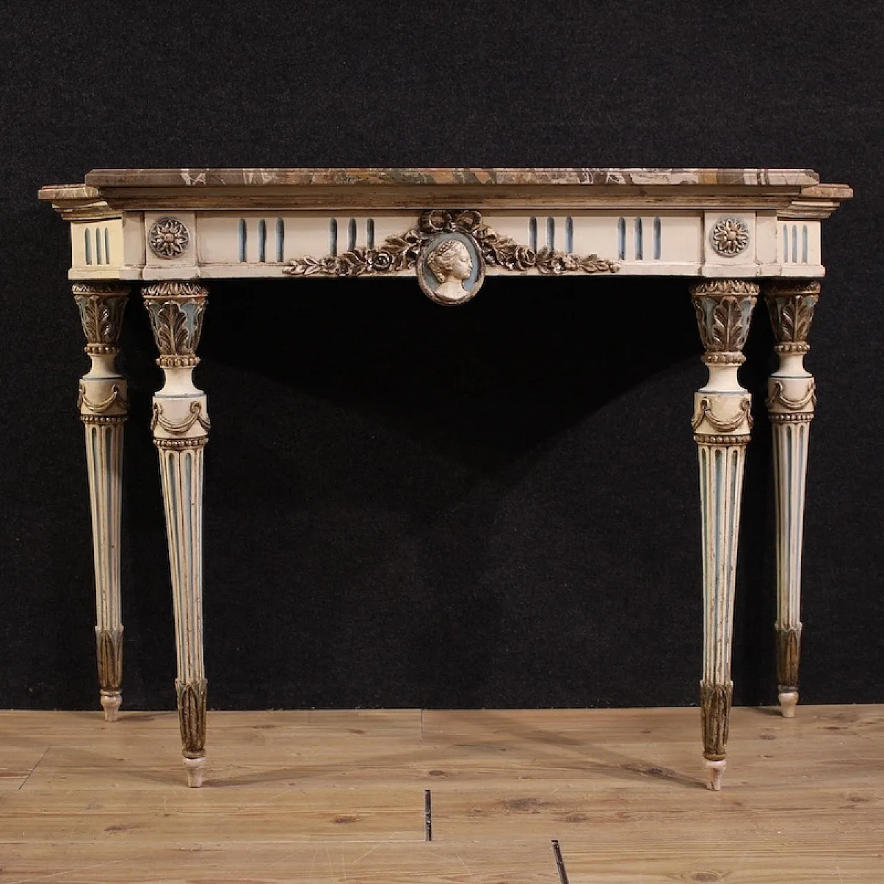 Console italiana laccata in stile Luigi XVI con piano in marmo, '900 3
