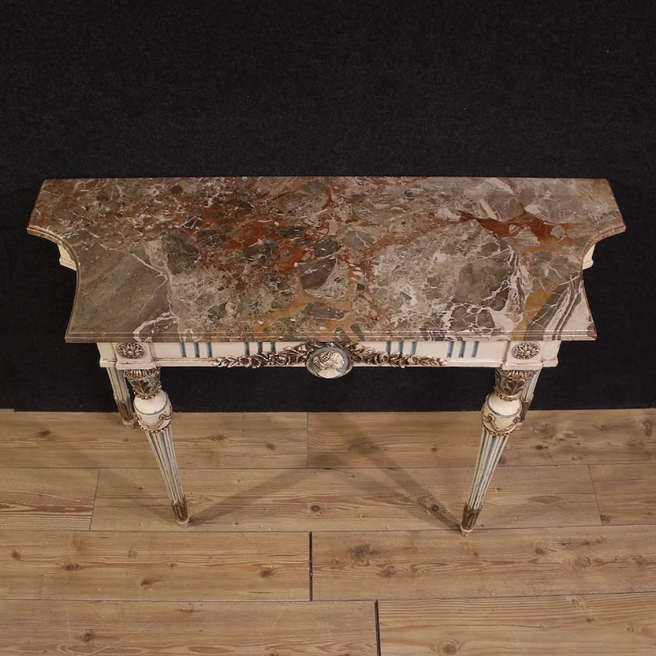Console italiana laccata in stile Luigi XVI con piano in marmo, '900 4