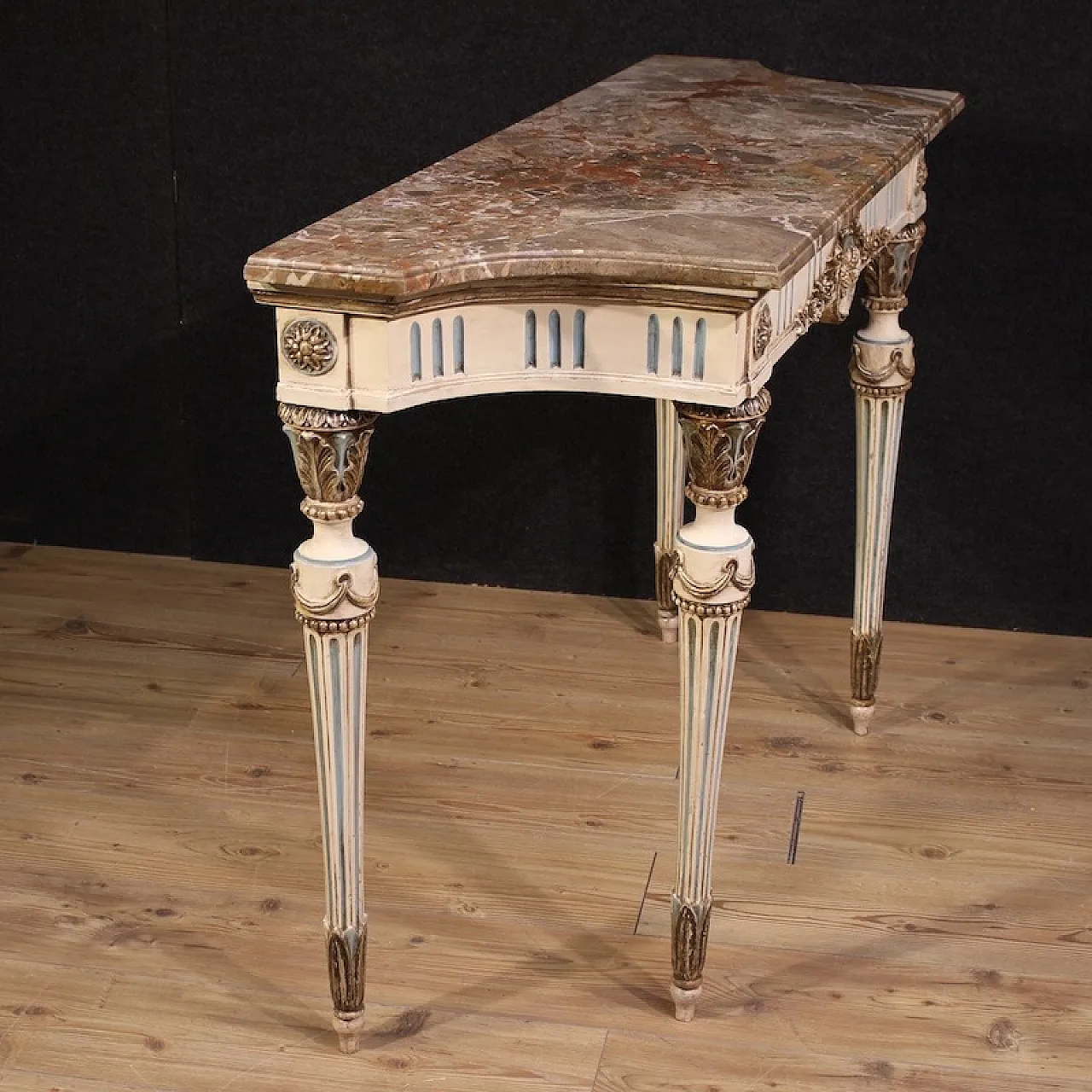 Console italiana laccata in stile Luigi XVI con piano in marmo, '900 5