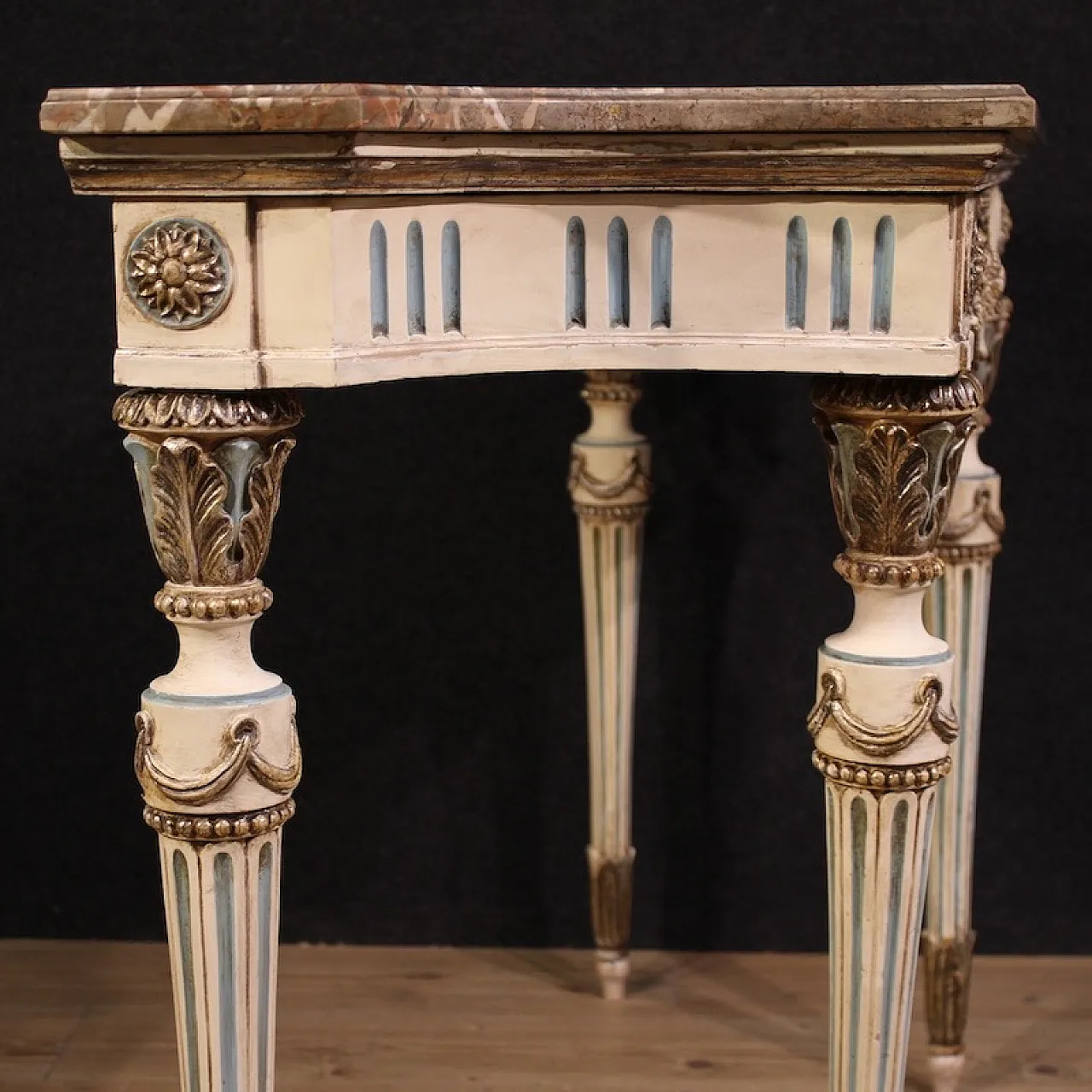 Console italiana laccata in stile Luigi XVI con piano in marmo, '900 6