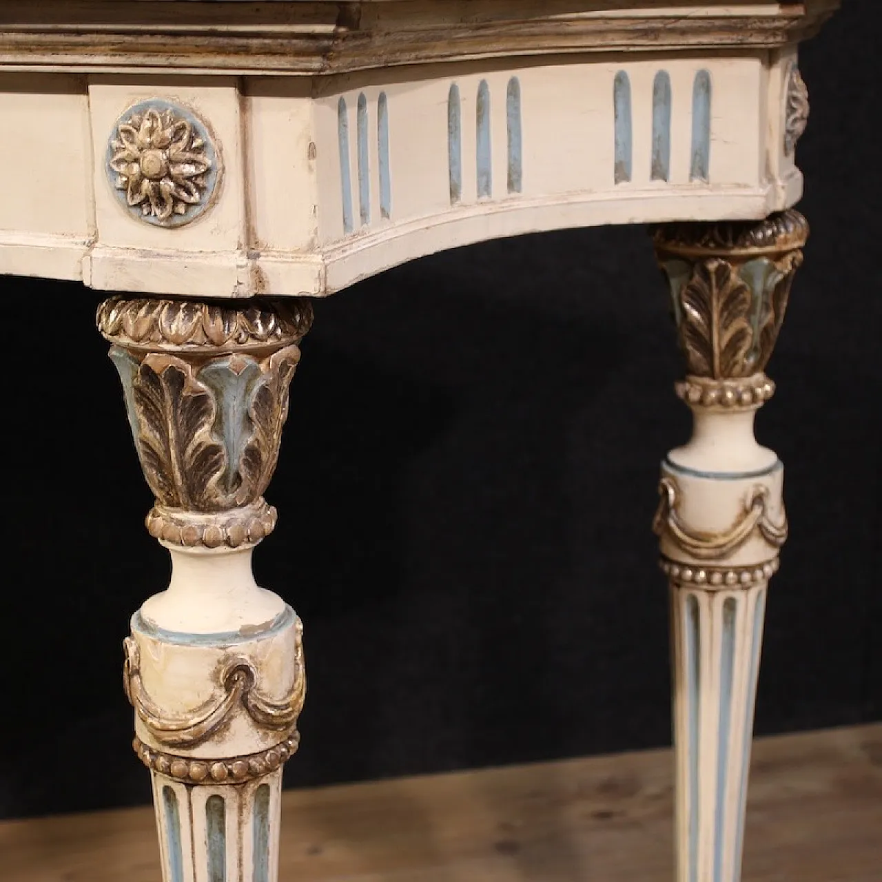 Console italiana laccata in stile Luigi XVI con piano in marmo, '900 8