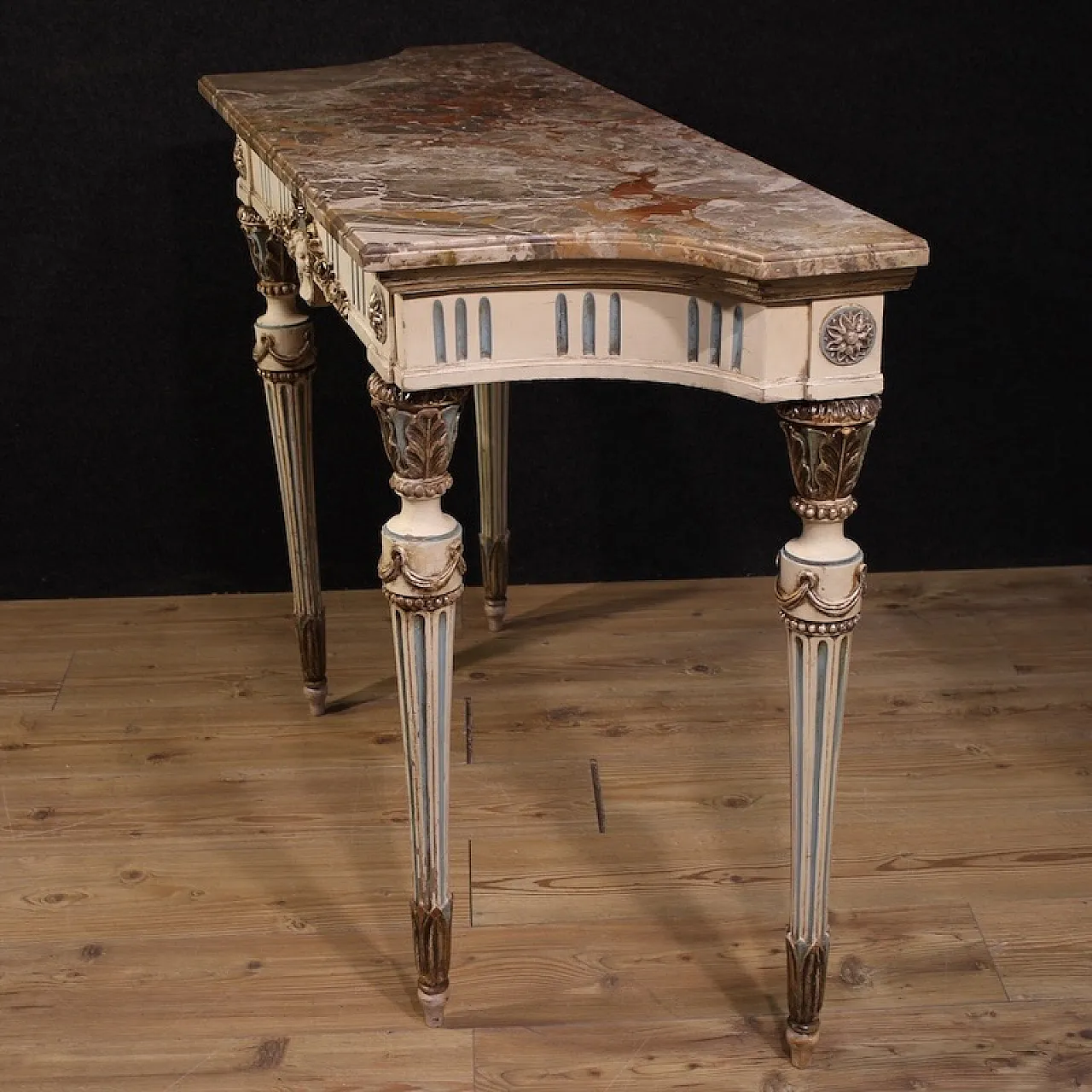 Console italiana laccata in stile Luigi XVI con piano in marmo, '900 10