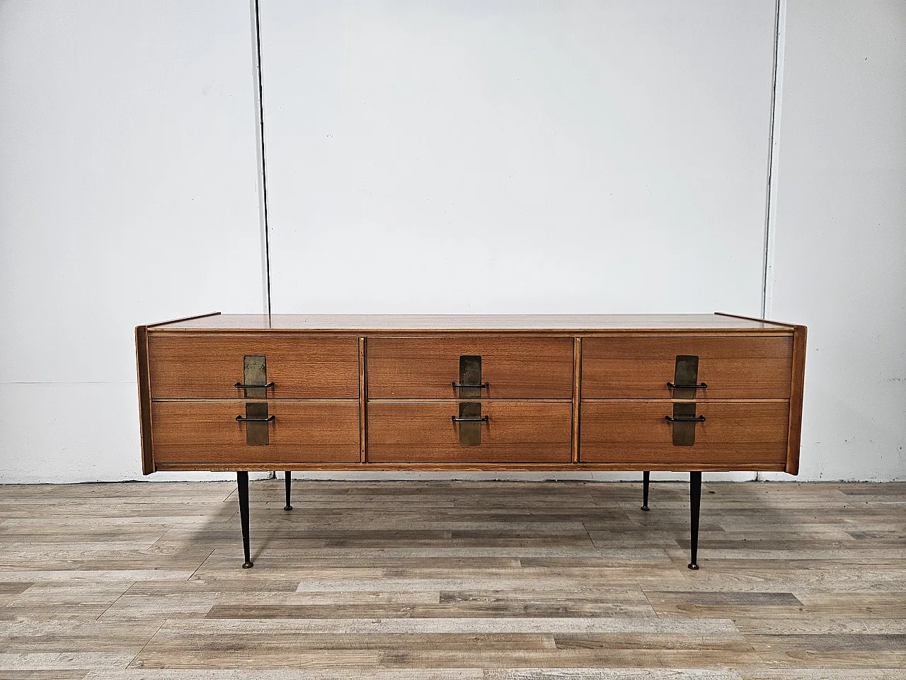 Chest of drawers in walnut with iron and brass details, 1960s 1
