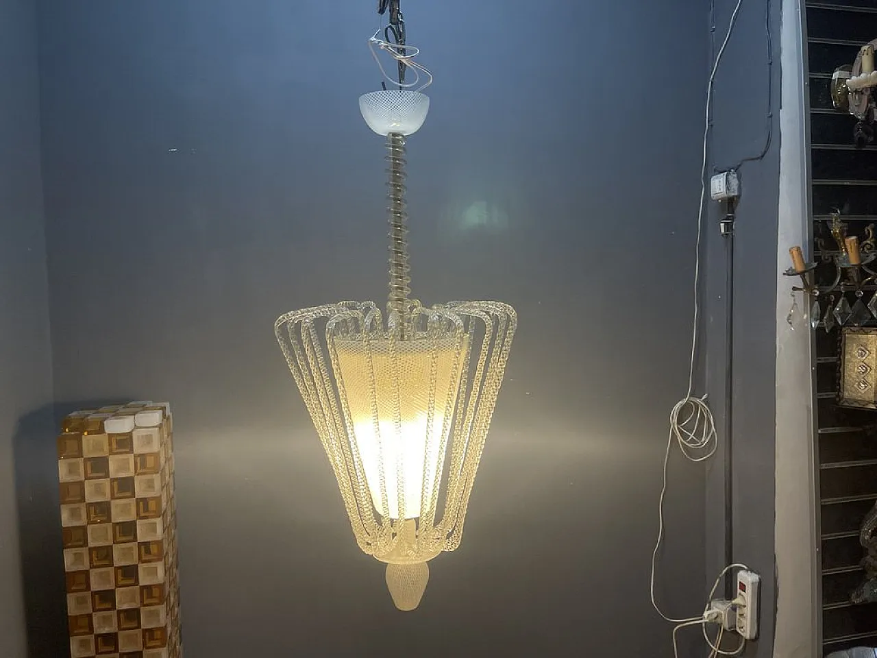 Reticello pendant lamp in Murano glass, 1940s 4
