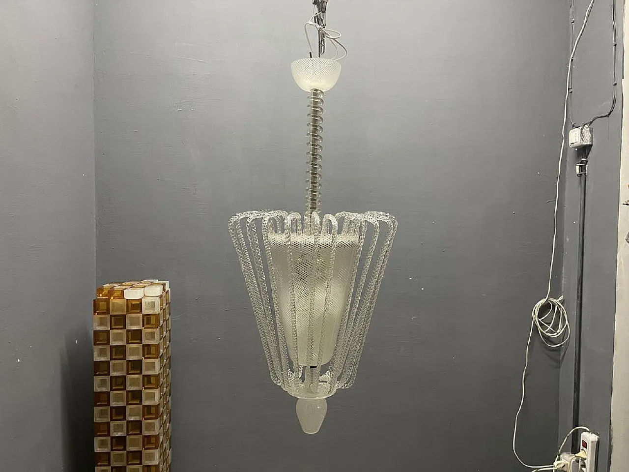 Reticello pendant lamp in Murano glass, 1940s 5