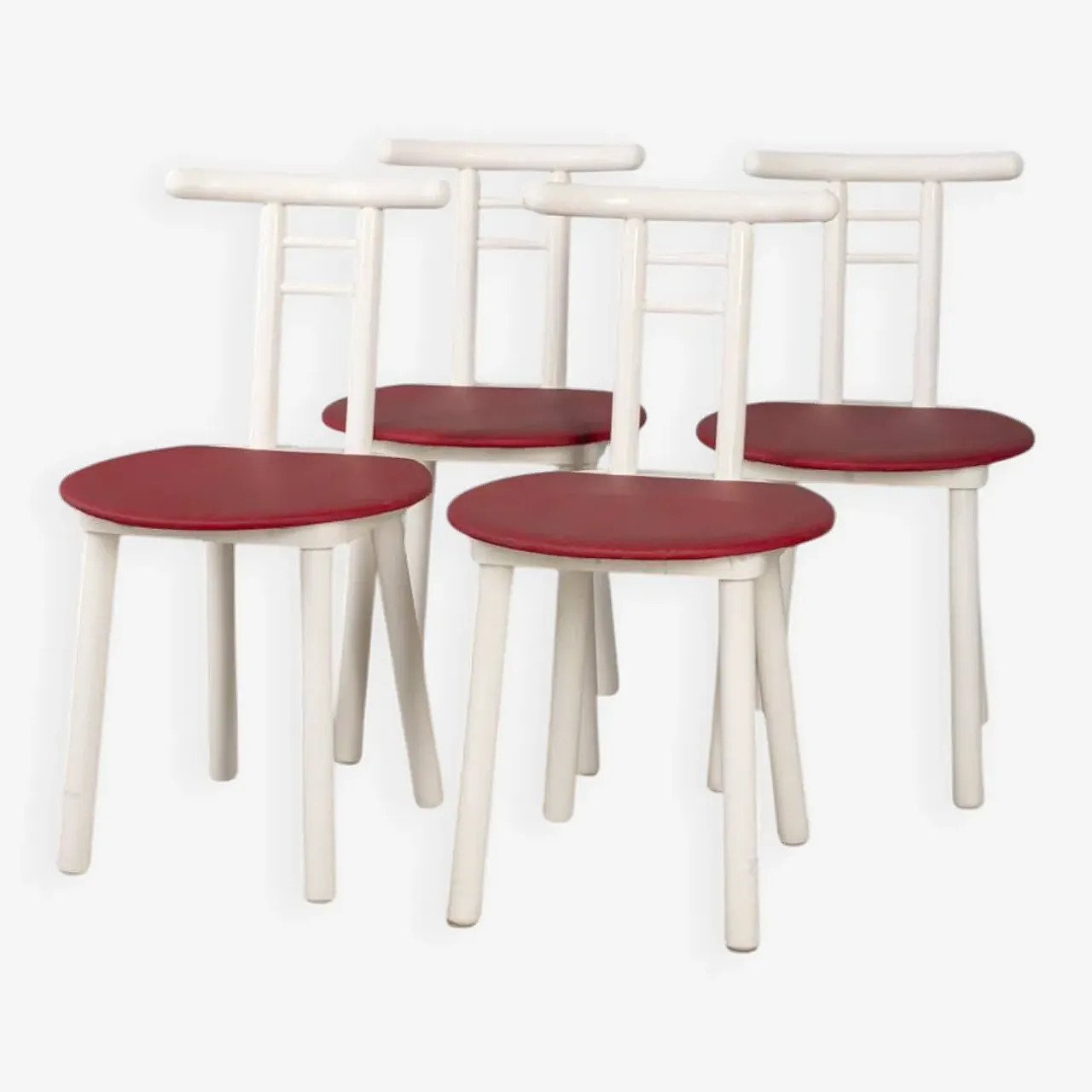 4 Chairs in wood and red vinyl, 1980s 1