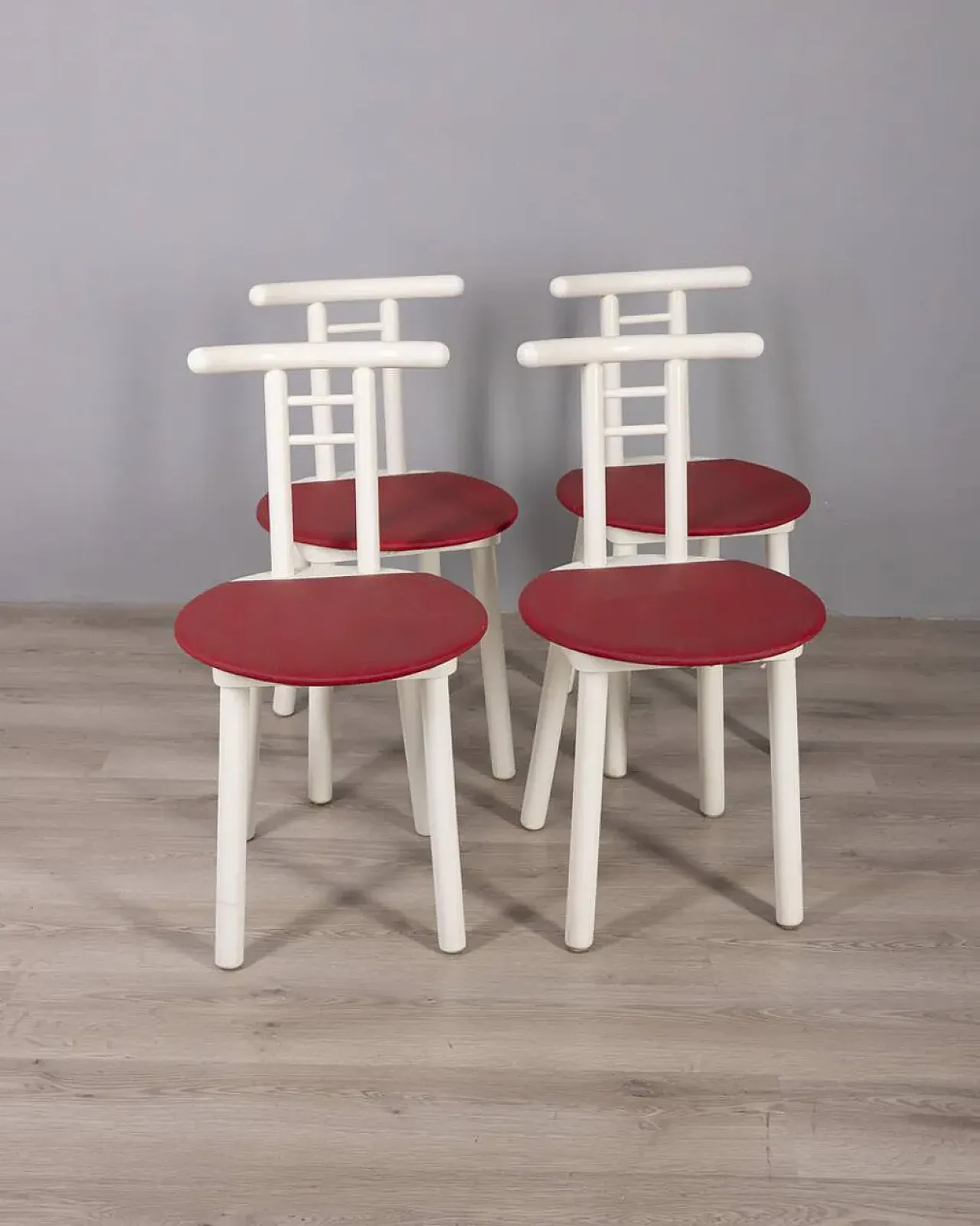 4 Chairs in wood and red vinyl, 1980s 2