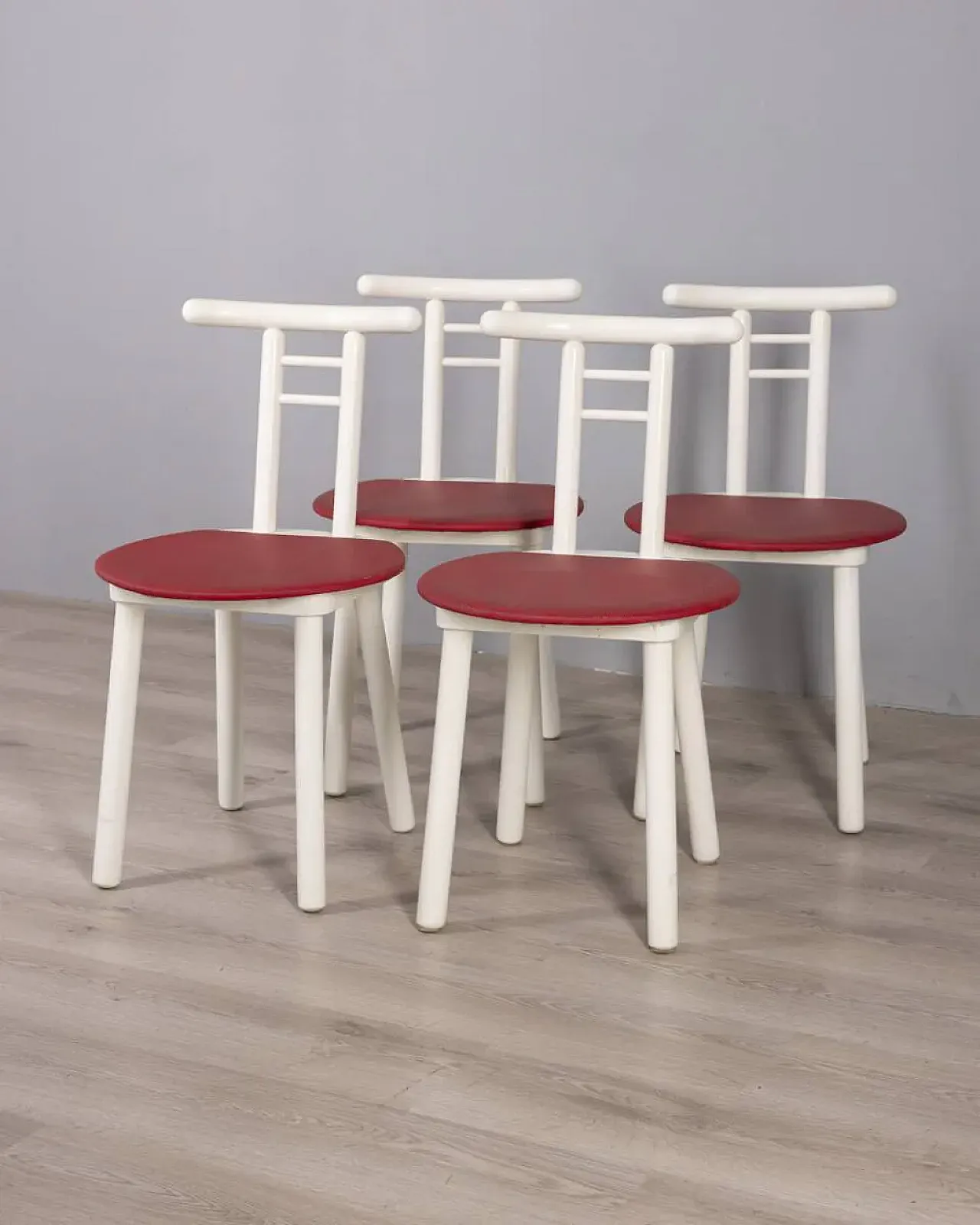 4 Chairs in wood and red vinyl, 1980s 17