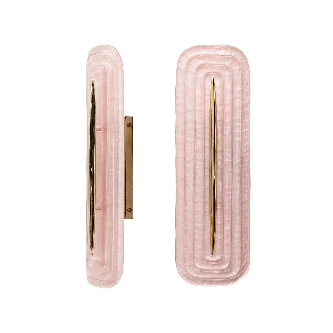 Coppia di applique in vetro di Murano rosa e ottone, anni 2000 1