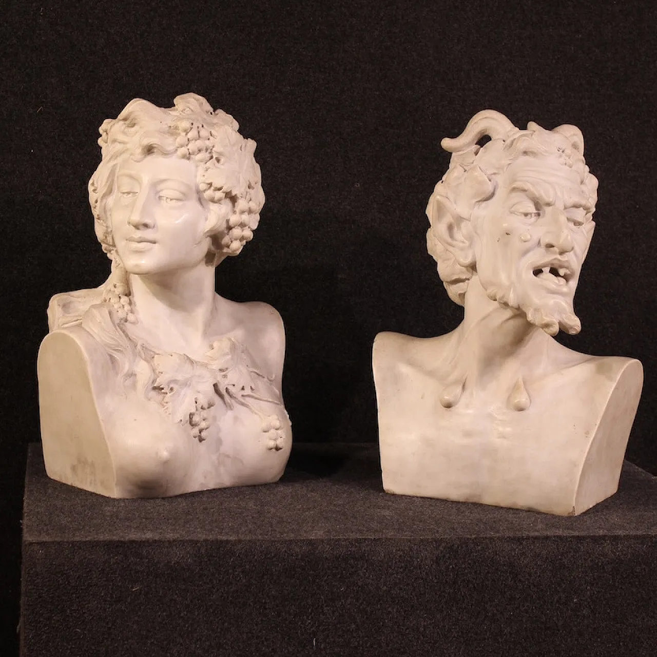 Coppia di sculture in marmo bianco Satiro e Baccante, '800 1
