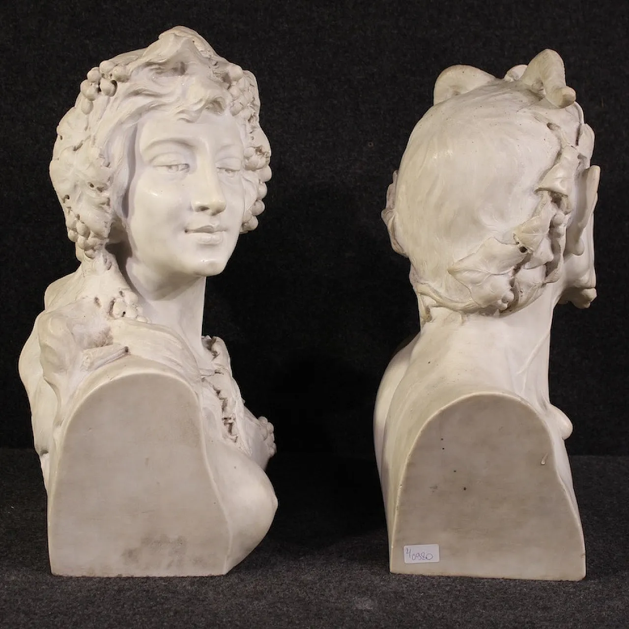 Coppia di sculture in marmo bianco Satiro e Baccante, '800 5