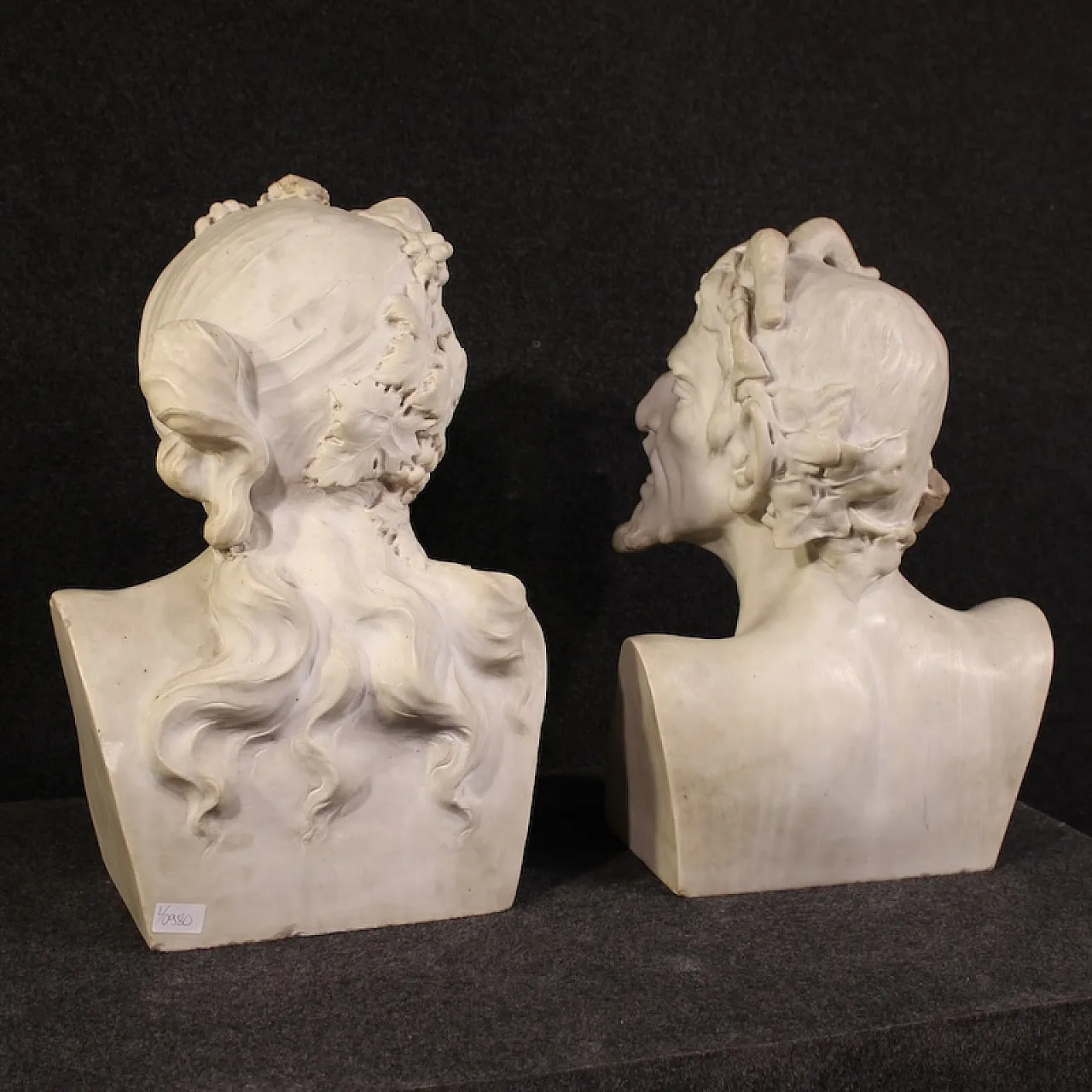 Coppia di sculture in marmo bianco Satiro e Baccante, '800 6