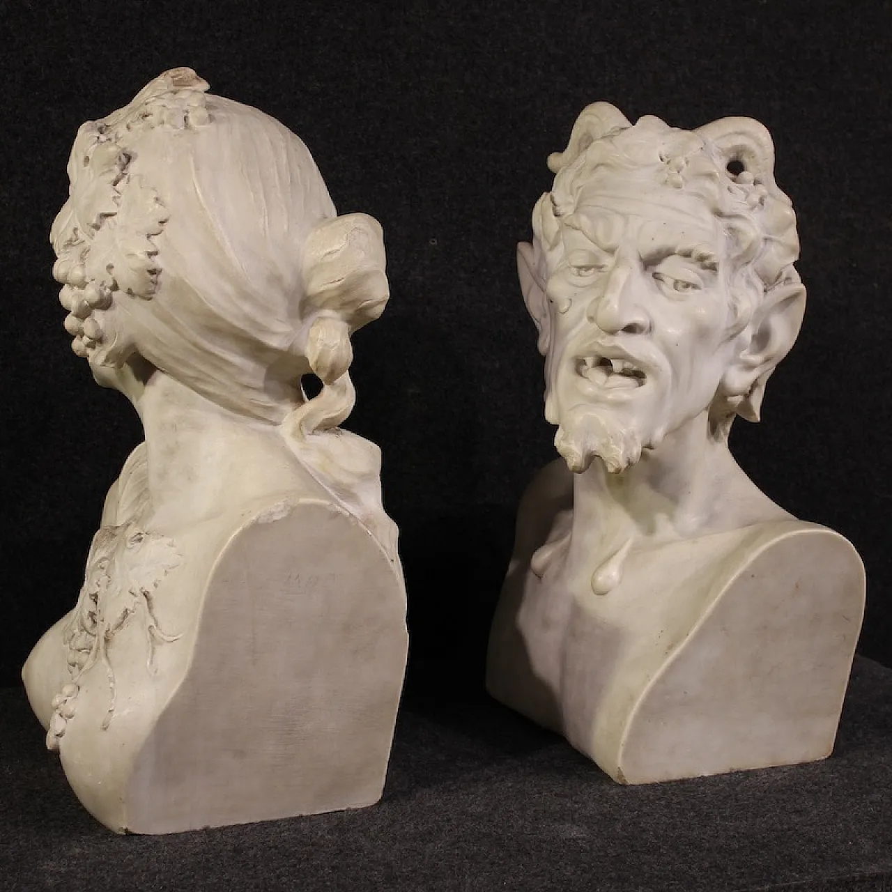 Coppia di sculture in marmo bianco Satiro e Baccante, '800 9
