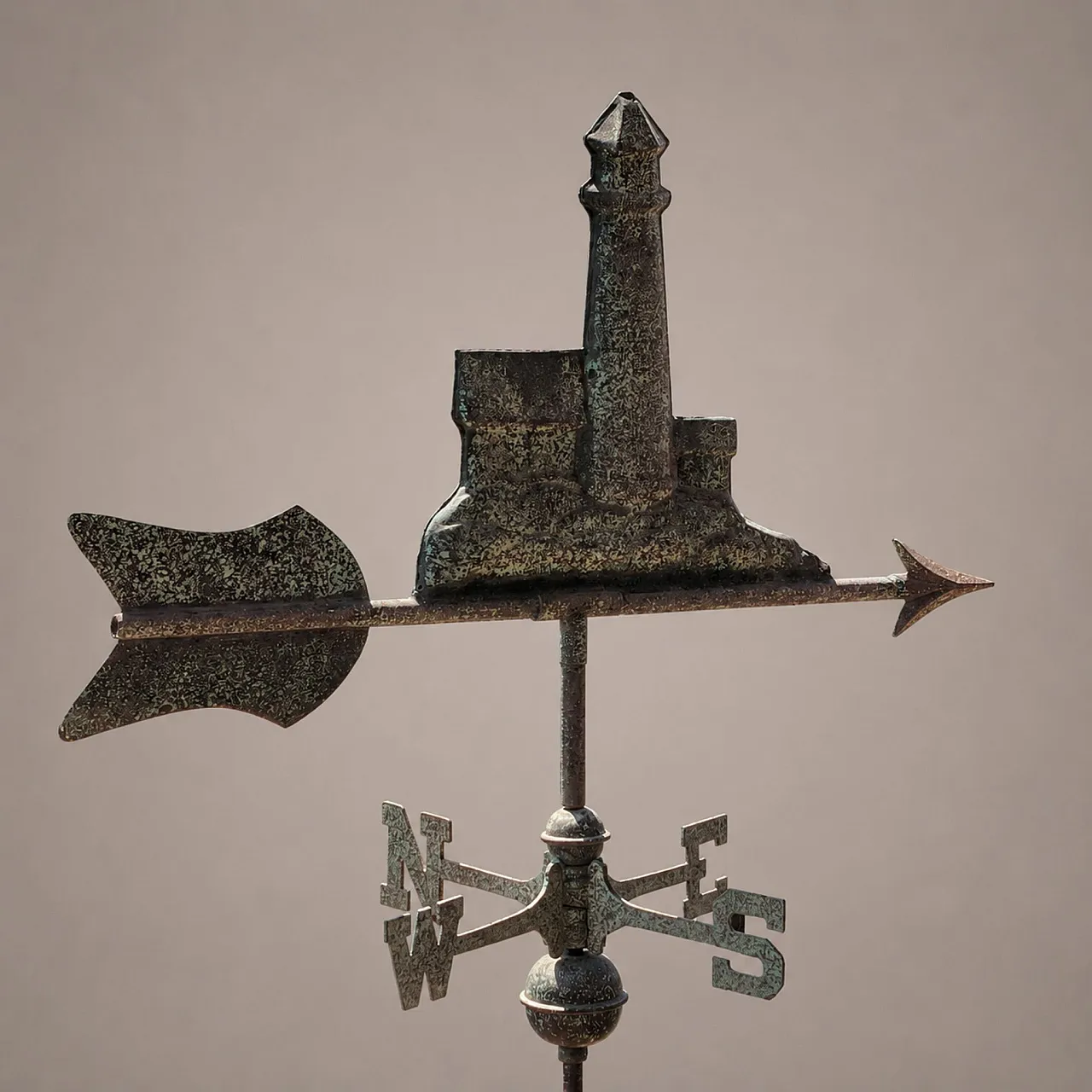 Early 1900s three-dimensional copper wind vane with port lighthouse 6