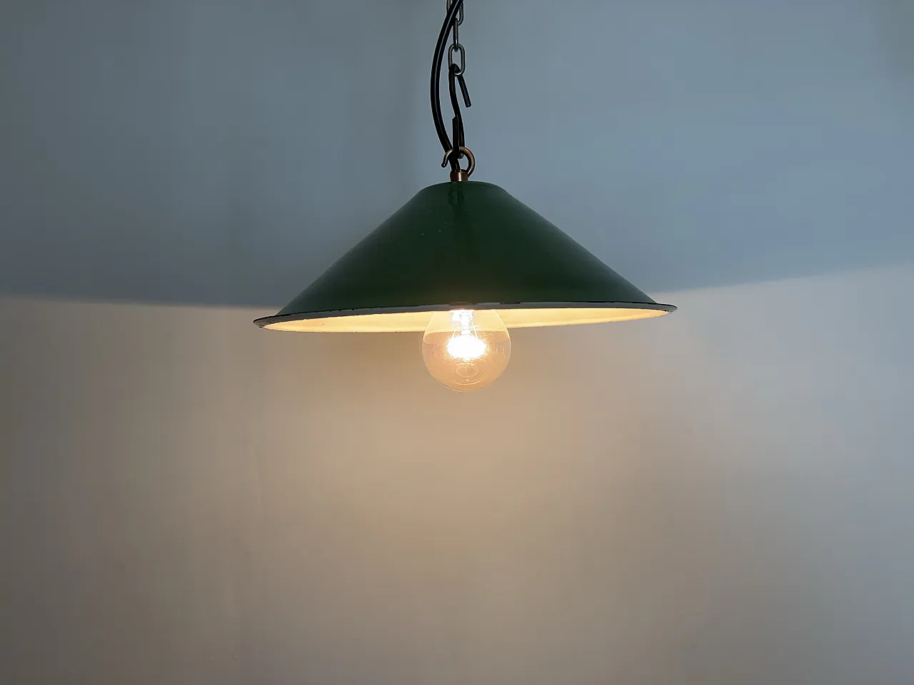 Industrial British Green Enamel Factory Pendant Lamp, 1950s 8