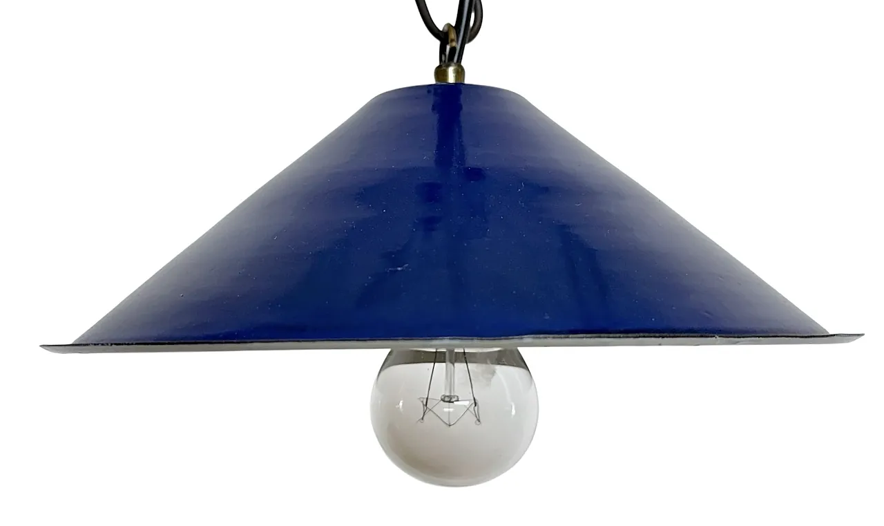 Industrial British Blue Enamel Factory Pendant Lamp, 1950s 1