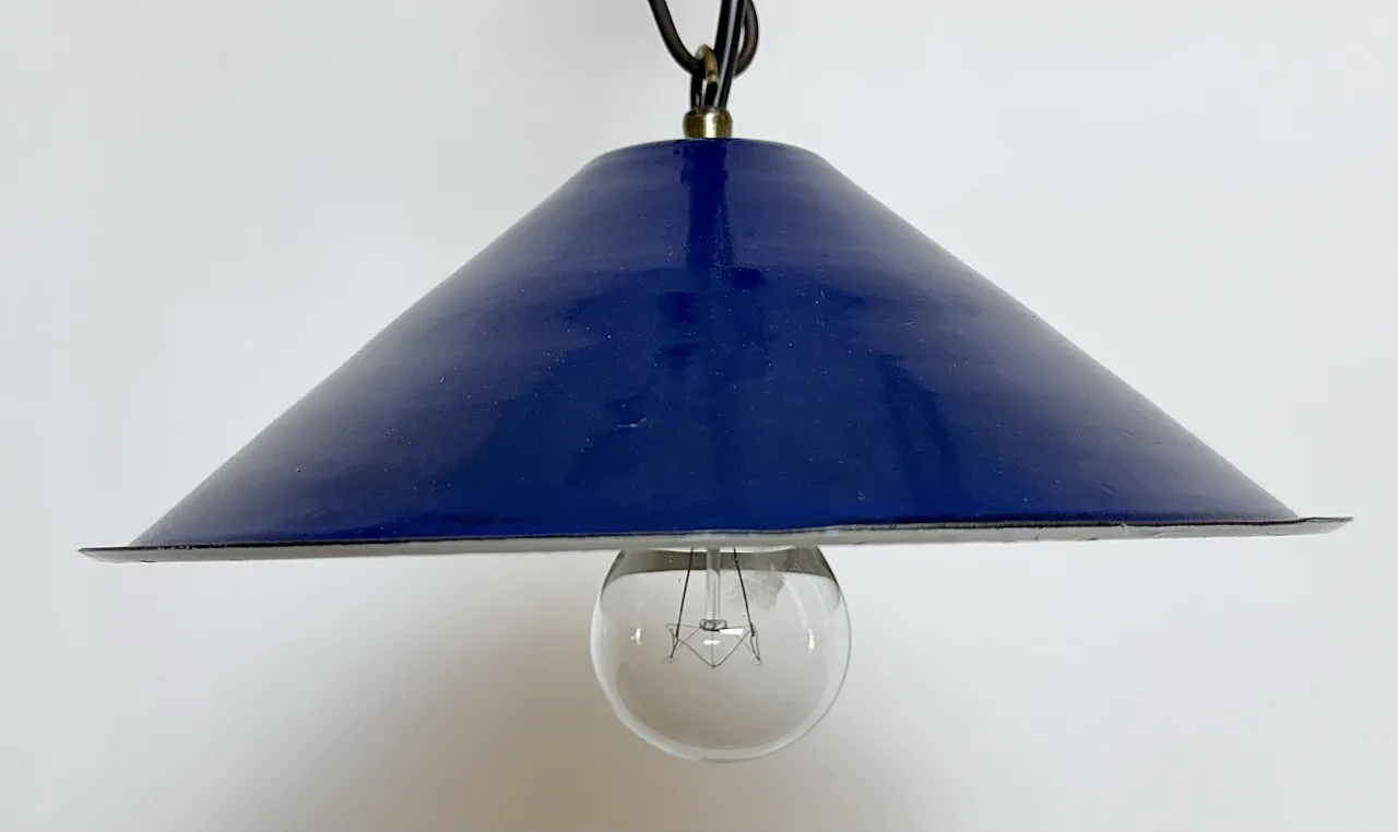 Industrial British Blue Enamel Factory Pendant Lamp, 1950s 3