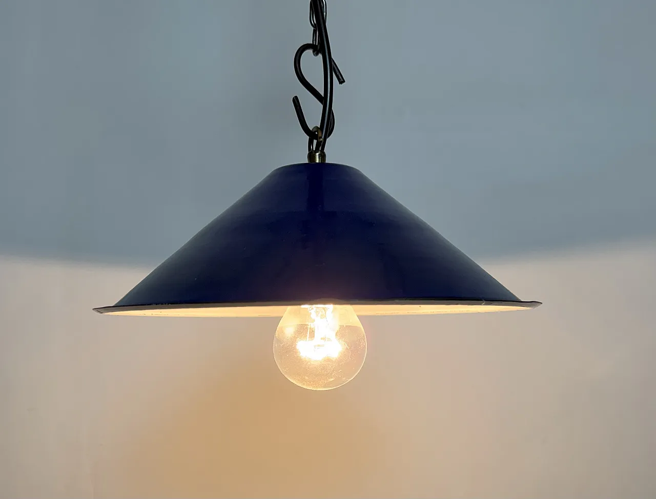 Industrial British Blue Enamel Factory Pendant Lamp, 1950s 8