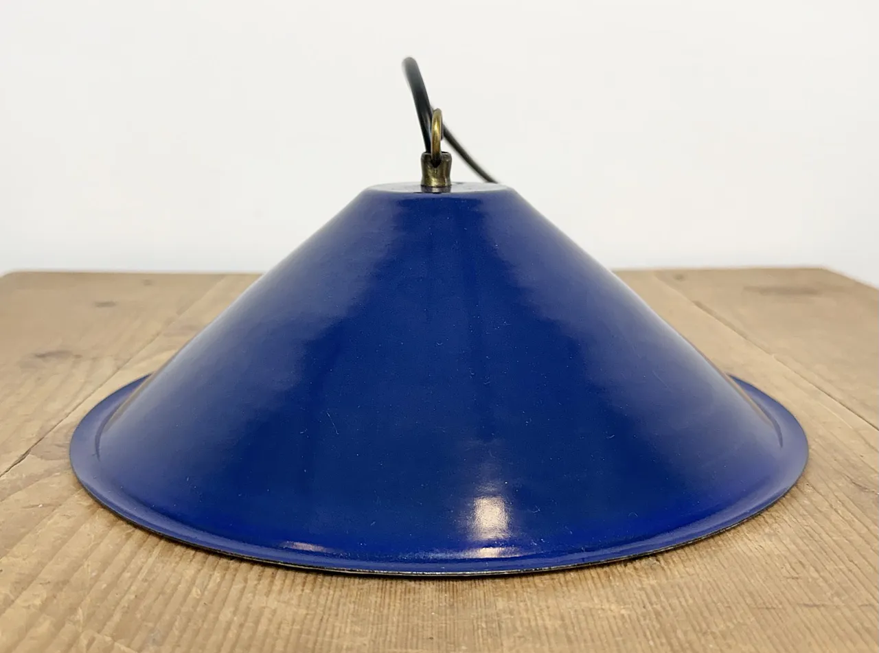 Industrial British Blue Enamel Factory Pendant Lamp, 1950s 11