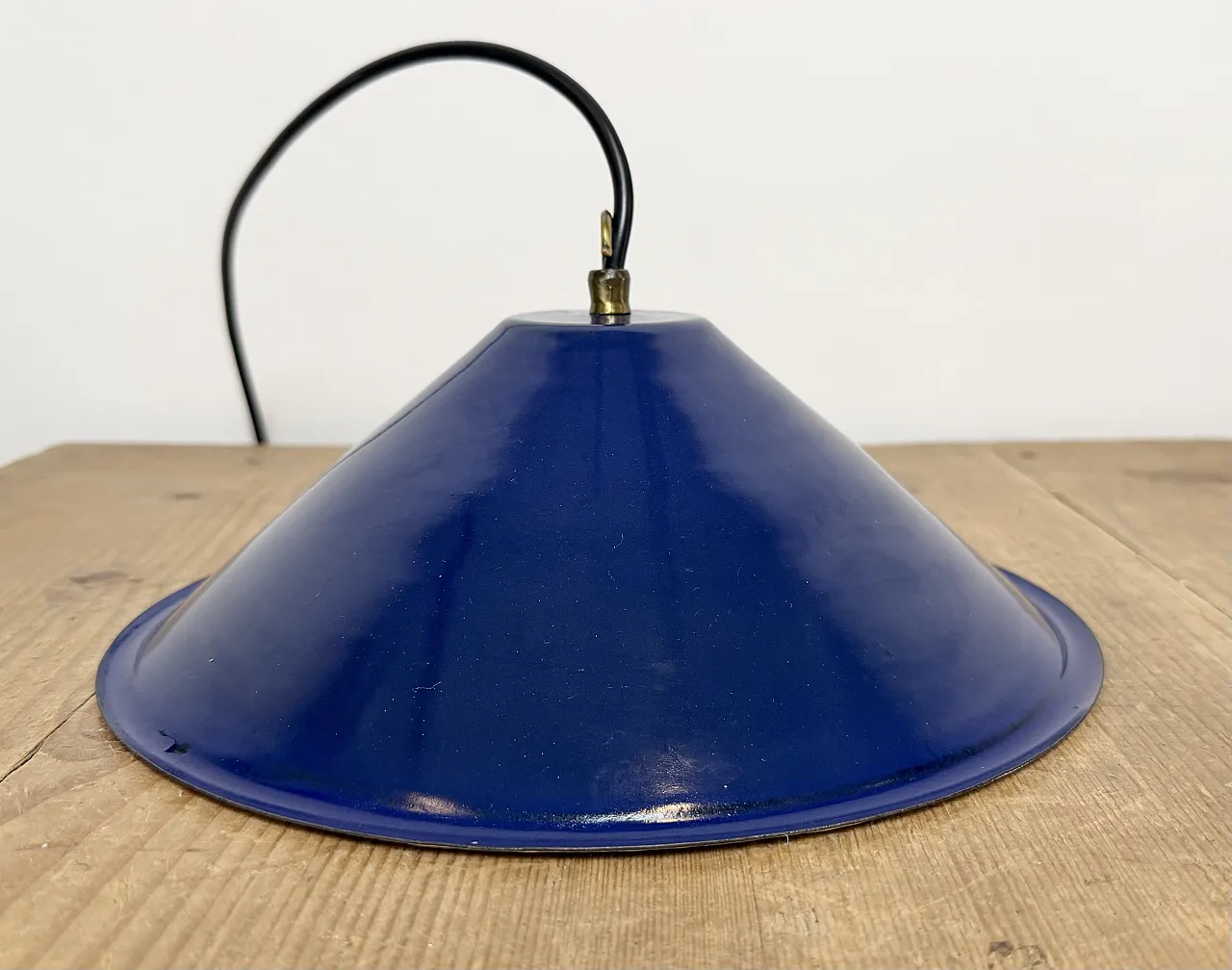 Industrial British Blue Enamel Factory Pendant Lamp, 1950s 13