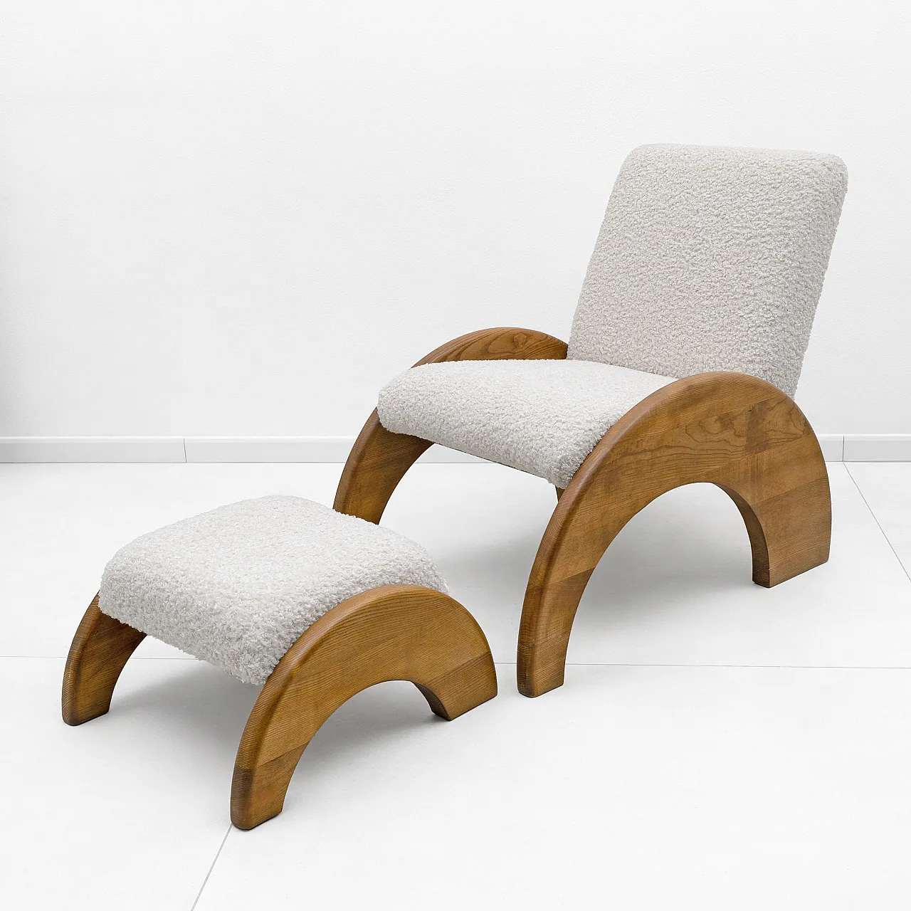 Bouclé Curved Wood and Ivory Armchair and Ottoman Set, 70s 1