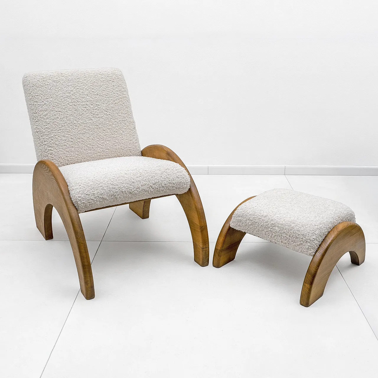 Bouclé Curved Wood and Ivory Armchair and Ottoman Set, 70s 2