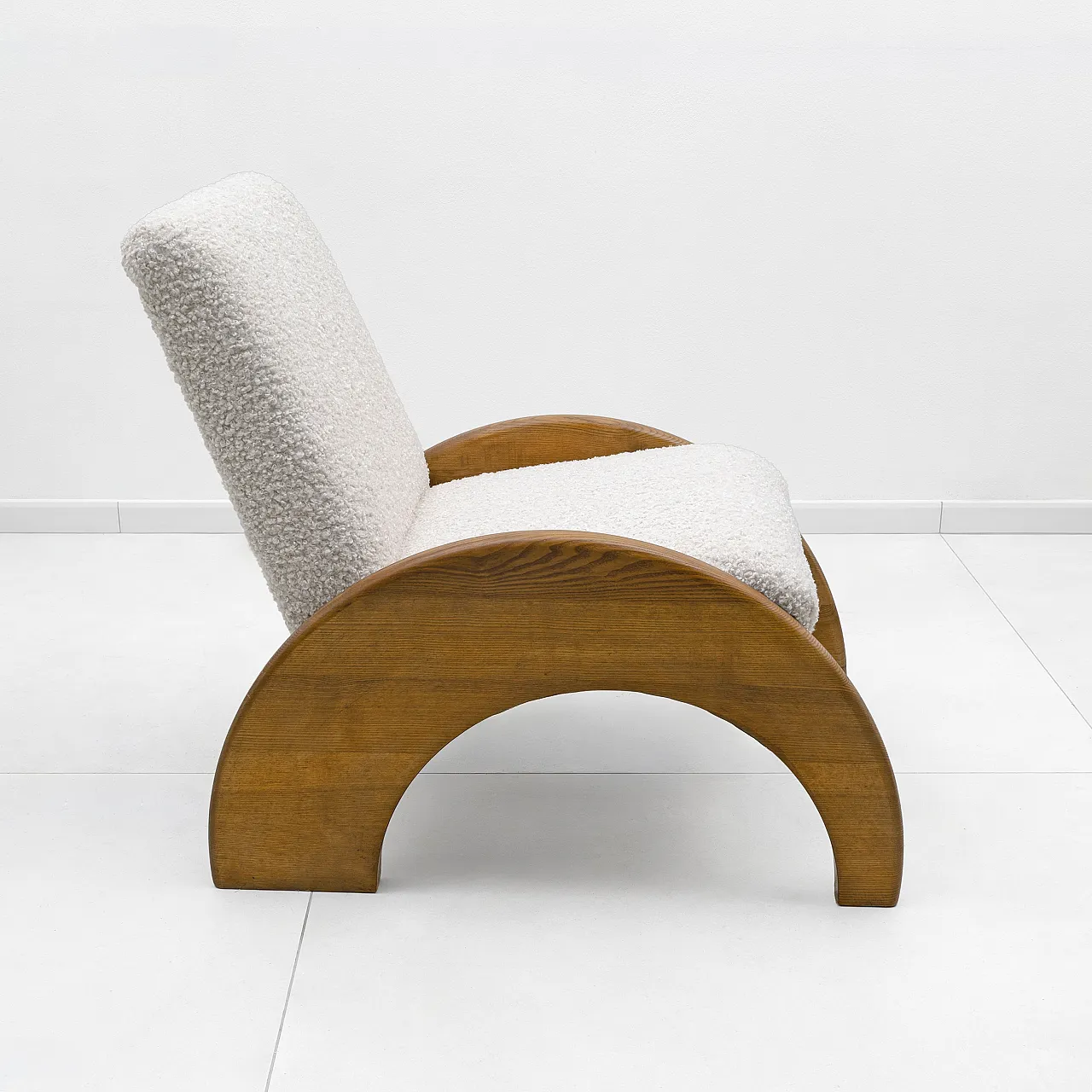 Bouclé Curved Wood and Ivory Armchair and Ottoman Set, 70s 3