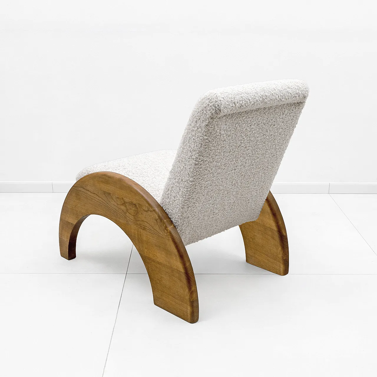 Bouclé Curved Wood and Ivory Armchair and Ottoman Set, 70s 4
