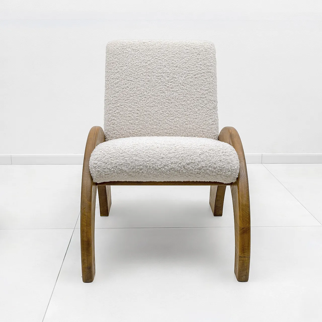 Bouclé Curved Wood and Ivory Armchair and Ottoman Set, 70s 7