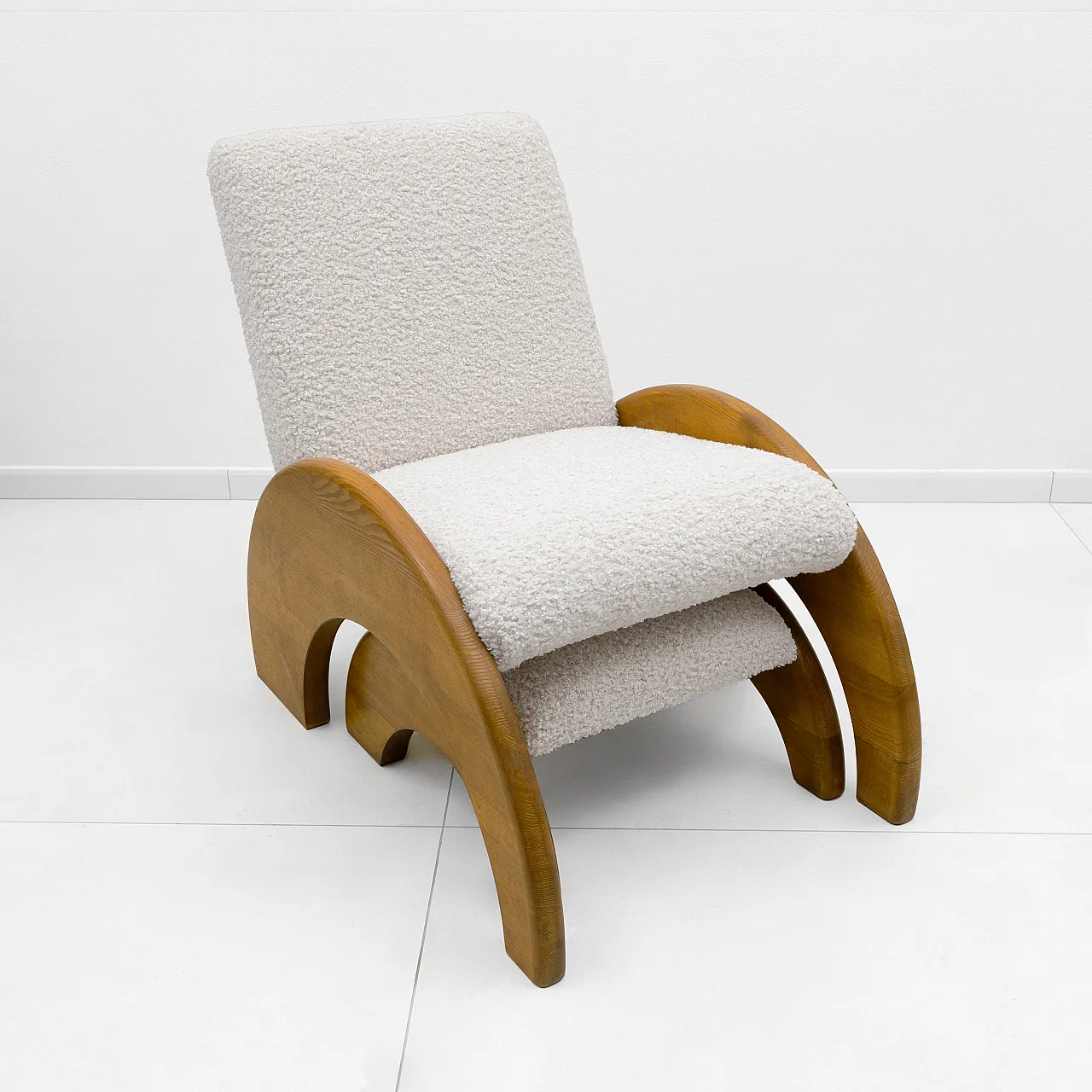 Bouclé Curved Wood and Ivory Armchair and Ottoman Set, 70s 8