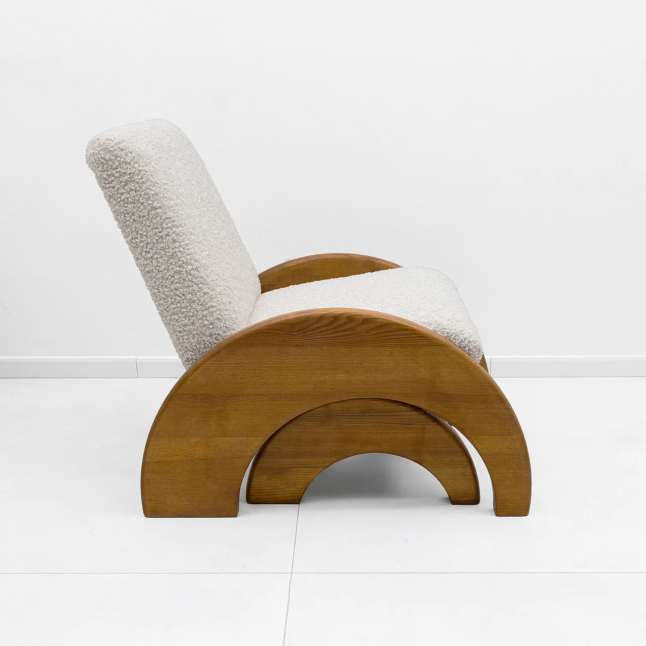 Bouclé Curved Wood and Ivory Armchair and Ottoman Set, 70s 9
