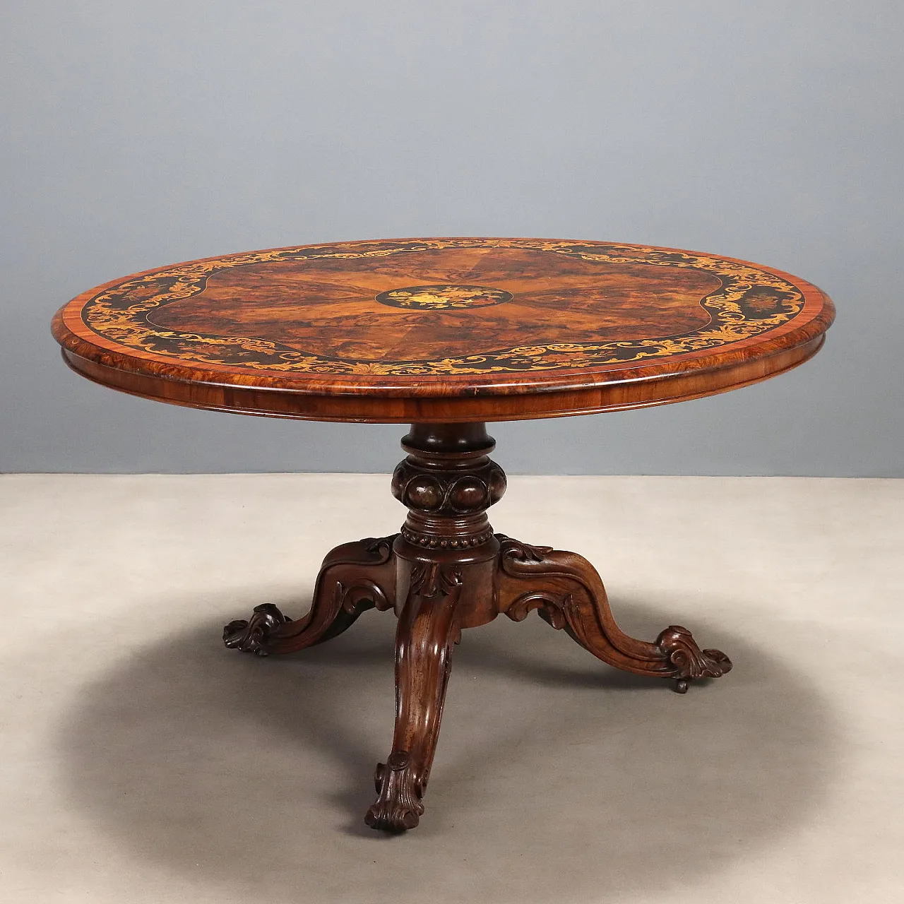 Walnut table with floral inlays, 19th century 1