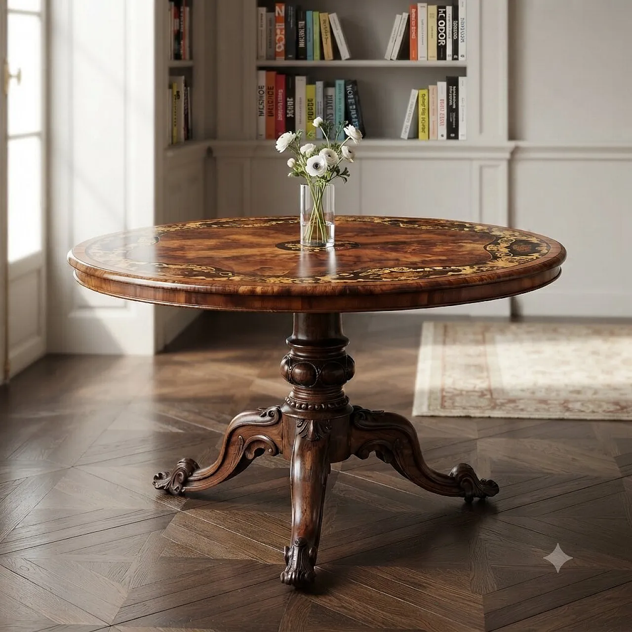 Walnut table with floral inlays, 19th century 2