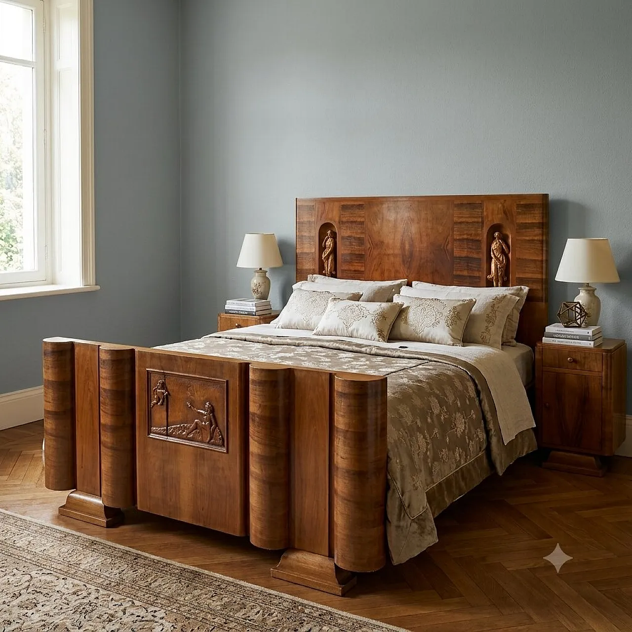 Letto Art Déco in noce e radica di noce, metà '900 2
