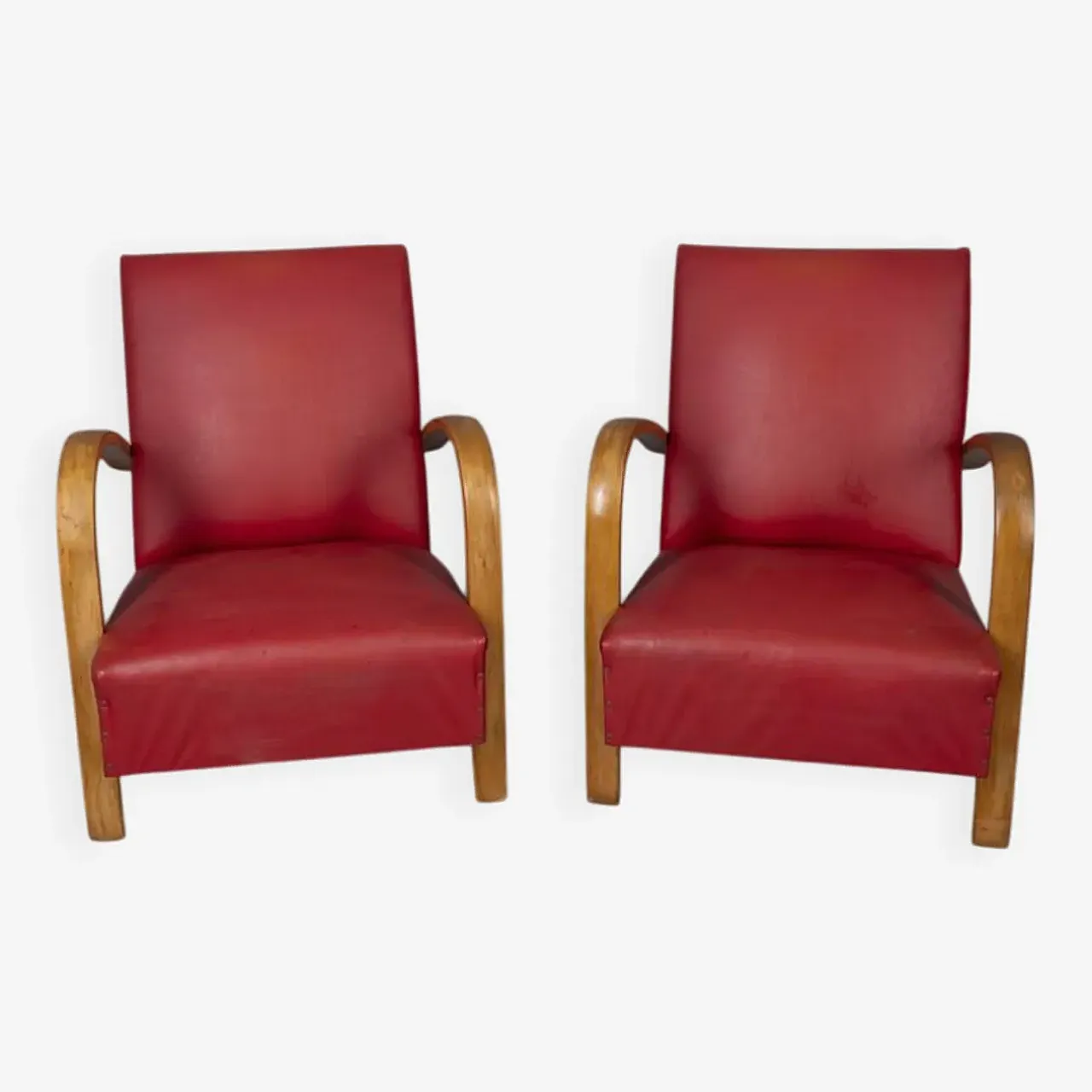 Coppia di poltrone in pelle rossa, anni '50 1