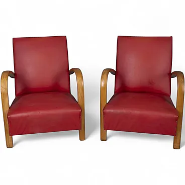Pair of armchairs in red leather, 1950s