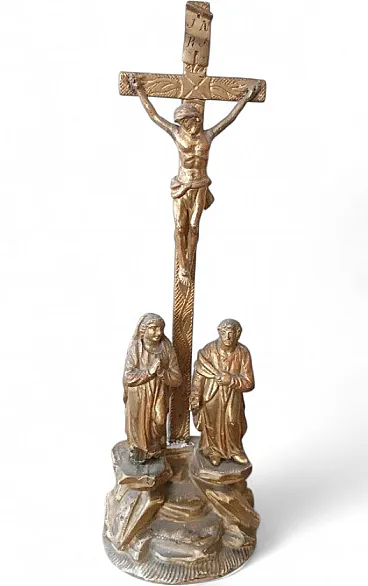 Antique decorated gilded wooden crucifix, 19th century
