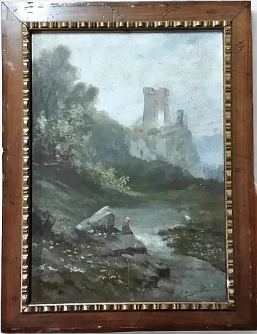 Oil landscape on cardboard, 20th century