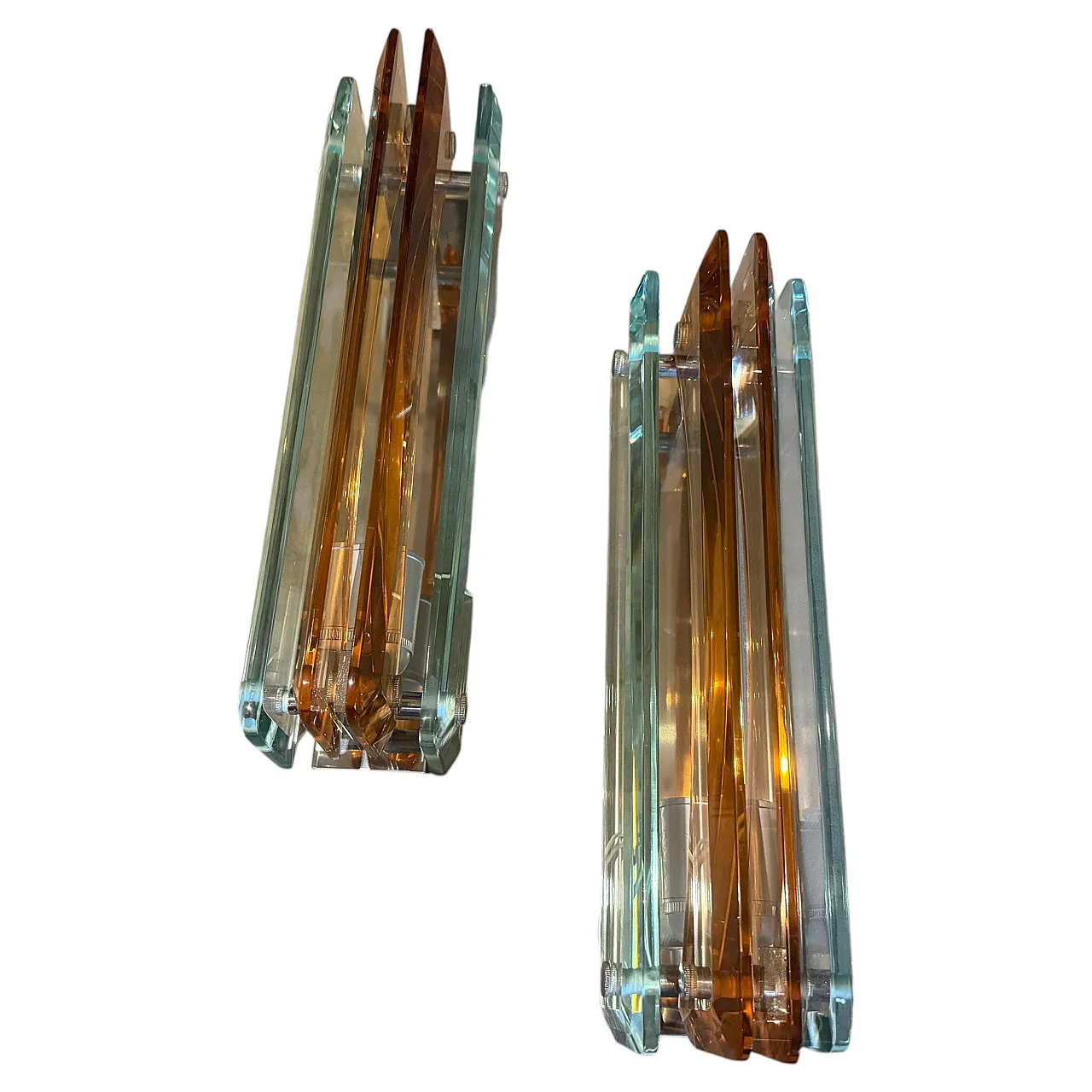 Coppia di applique in vetro spesso e cromo Lupi Cristal Luxor, anni 60 1
