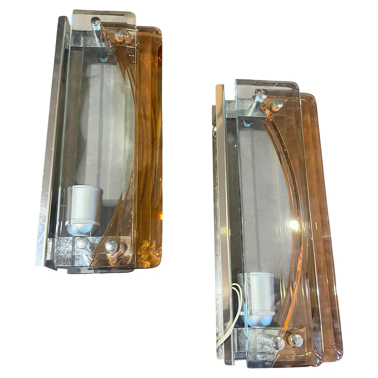 Coppia di applique in vetro spesso e cromo Lupi Cristal Luxor, anni 60 2