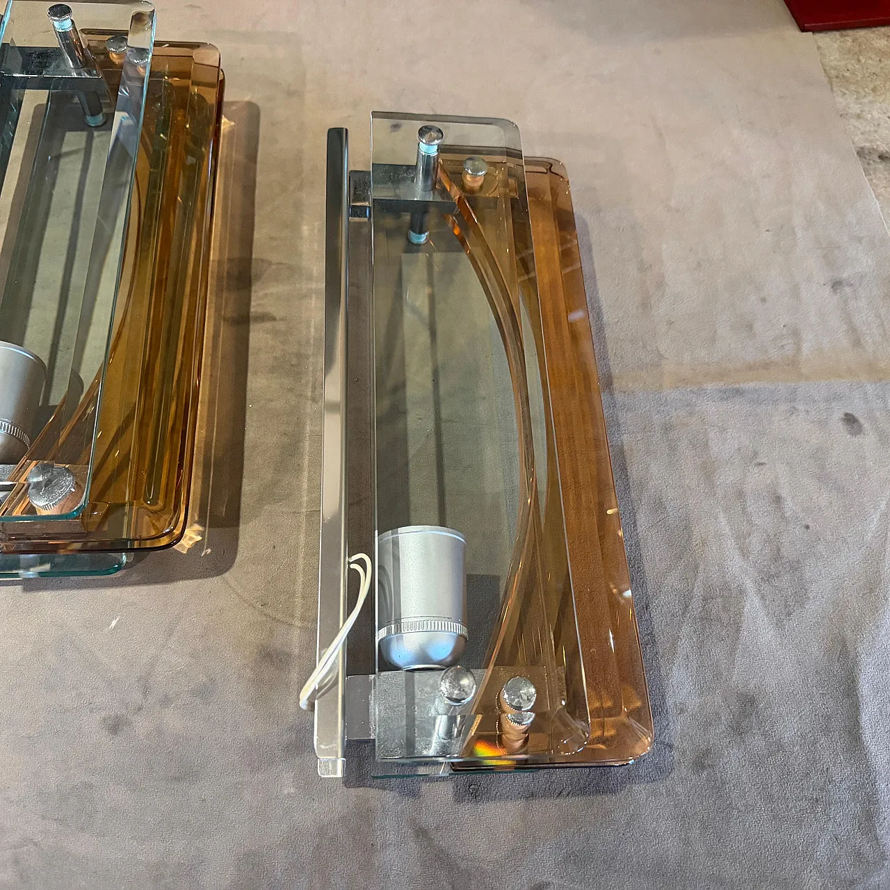 Coppia di applique in vetro spesso e cromo Lupi Cristal Luxor, anni 60 3