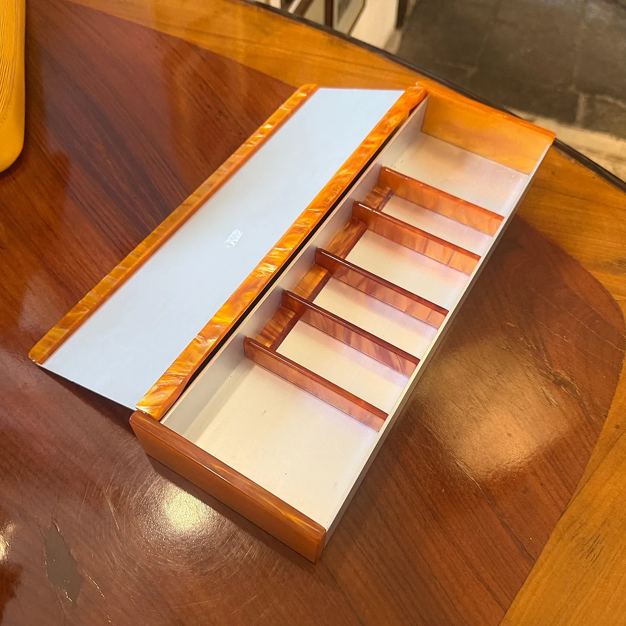 Aluminum, faux tortoiseshell lucite jewelry box, 1970s 4