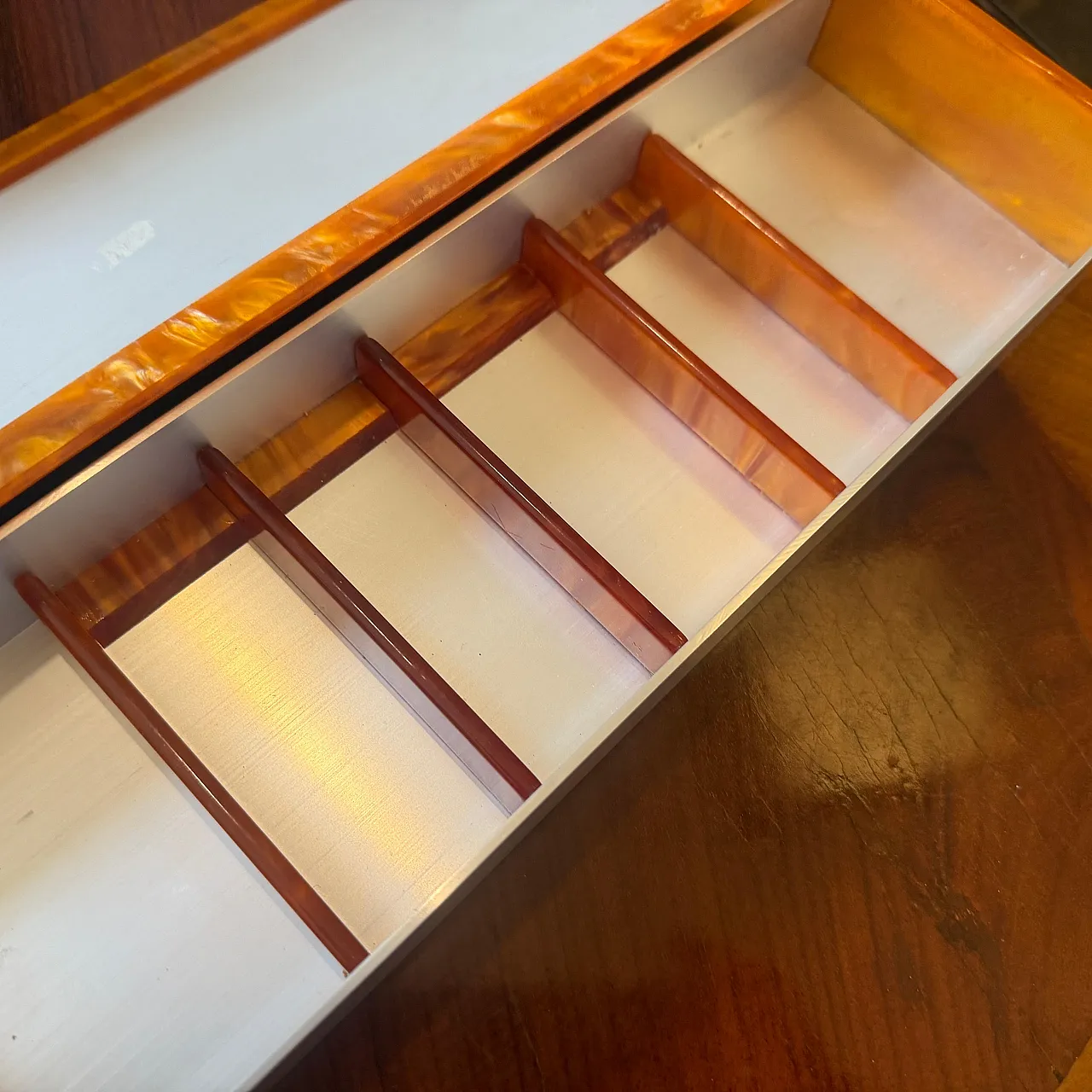 Aluminum, faux tortoiseshell lucite jewelry box, 1970s 5