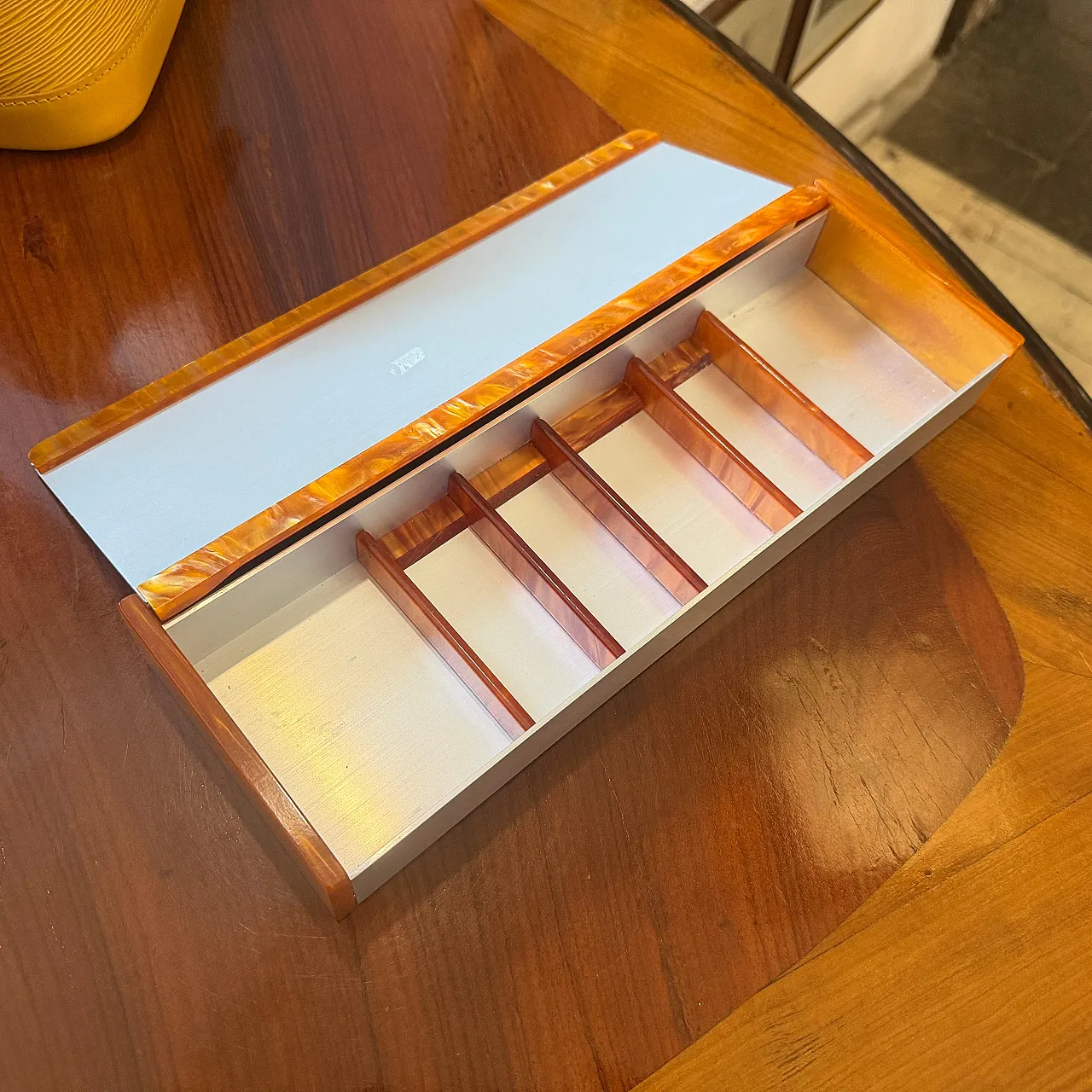Aluminum, faux tortoiseshell lucite jewelry box, 1970s 6