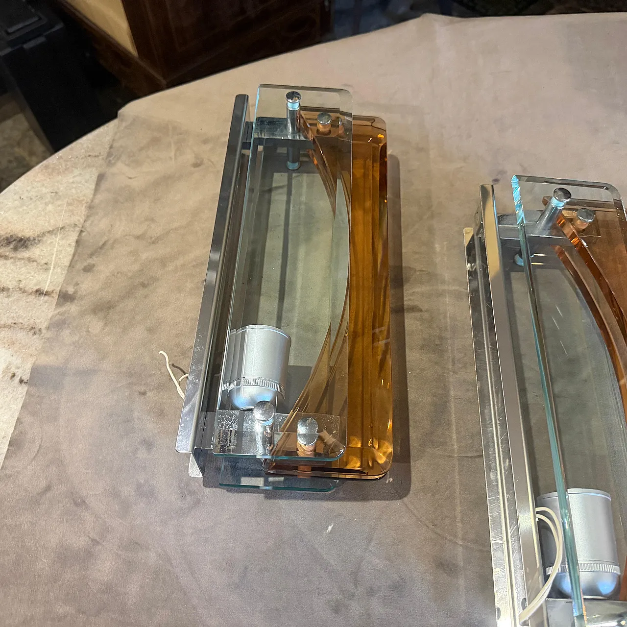 Coppia di applique in vetro spesso e cromo Lupi Cristal Luxor, anni 60 6
