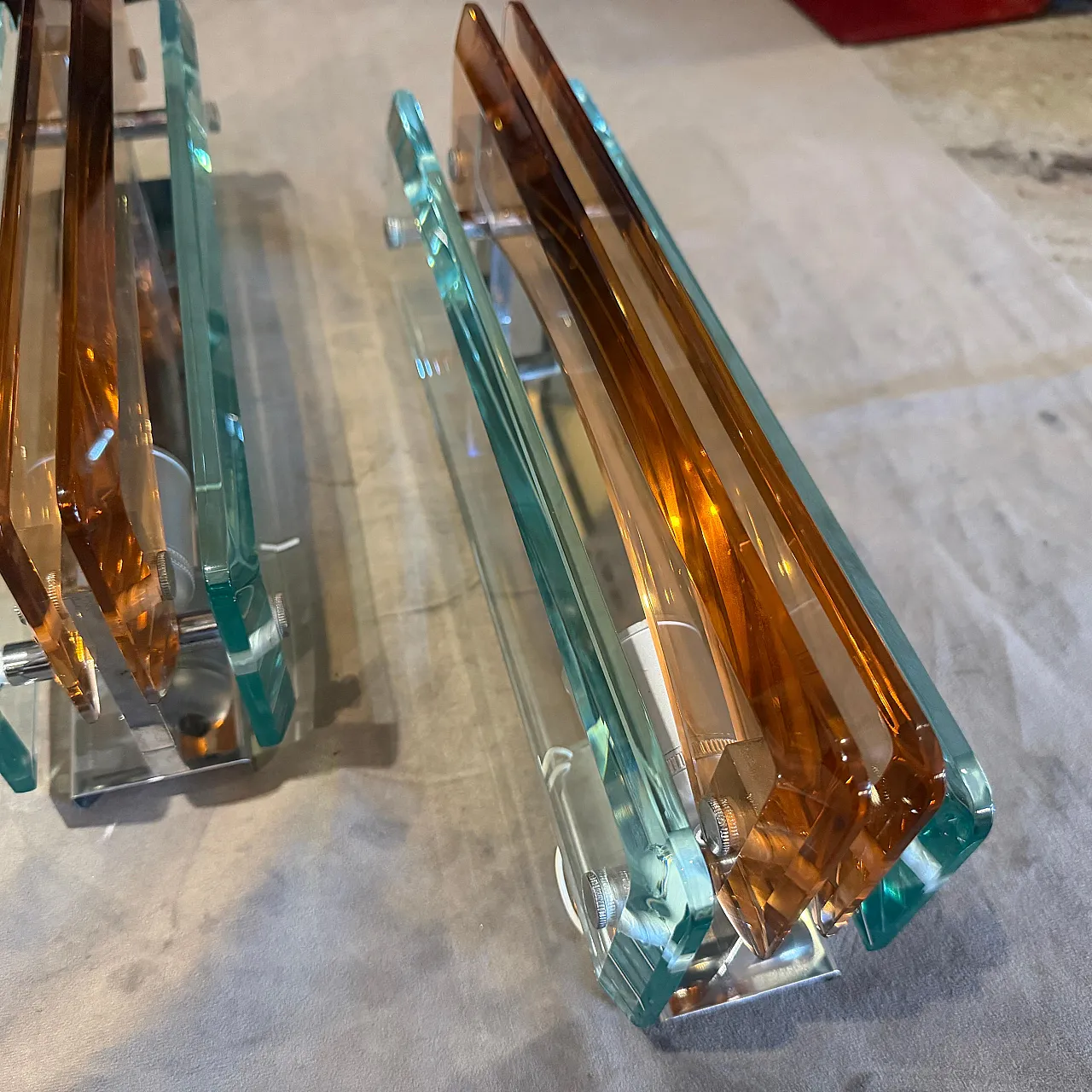 Coppia di applique in vetro spesso e cromo Lupi Cristal Luxor, anni 60 7