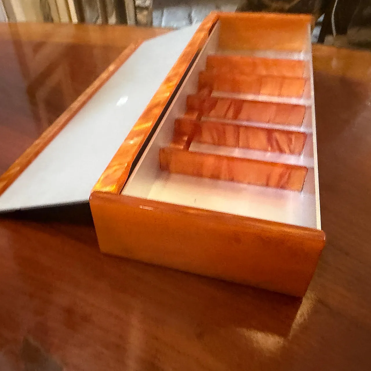 Aluminum, faux tortoiseshell lucite jewelry box, 1970s 8