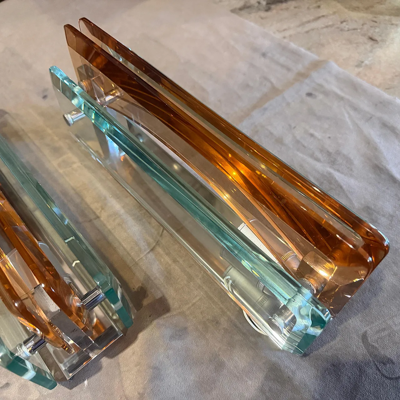 Coppia di applique in vetro spesso e cromo Lupi Cristal Luxor, anni 60 10
