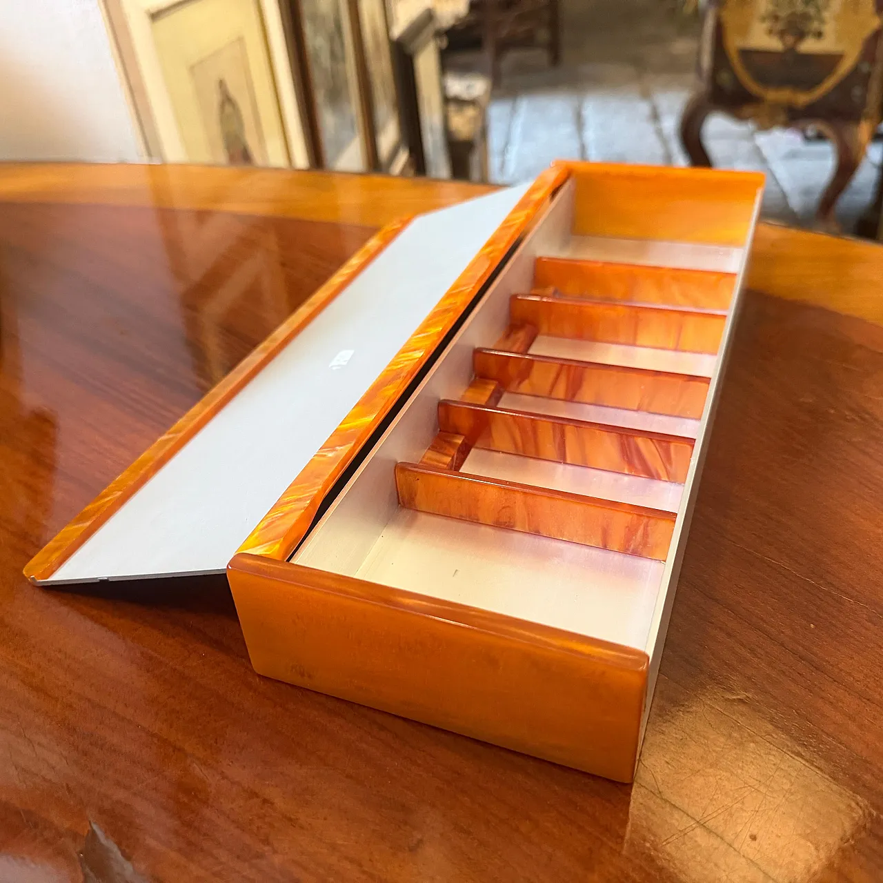 Aluminum, faux tortoiseshell lucite jewelry box, 1970s 13